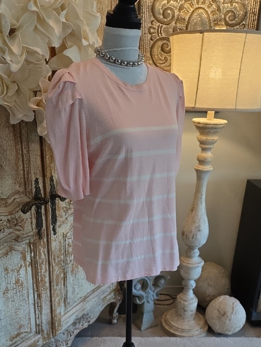 Anne Klein Pink and White Striped Short Sleeve Puff Top - Picture 2 of 10